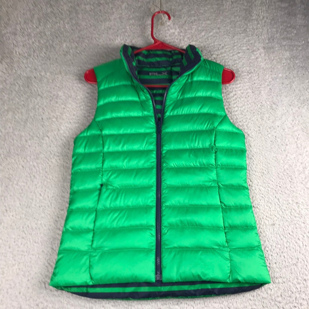 RLX Ralph Lauren Down Puffer Vest Womens XS Green Navy Striped Reversible